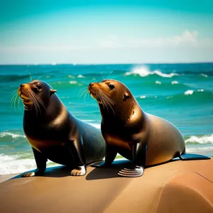 Serene Seaside Retreat: Sandy beaches, clear ocean, and playful sea lion.