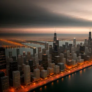 Urban Nightscape: Towering Skyscrapers by the River