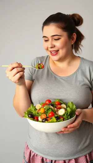 Smiling person eating healthy vegetable salad in kitchen.