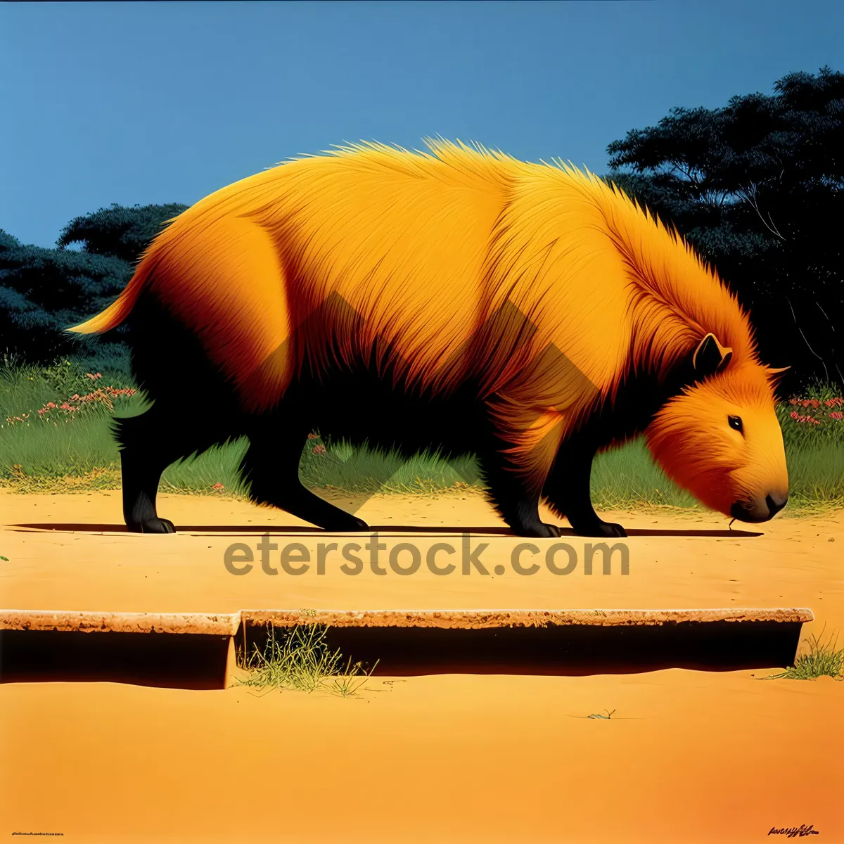 Picture of Prehistoric Mammal Roaming Grasslands: Triceratops and Elephant