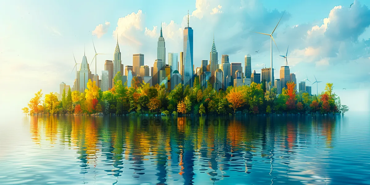 Picture of Cityscape skyline with modern skyscrapers by the river at dusk.