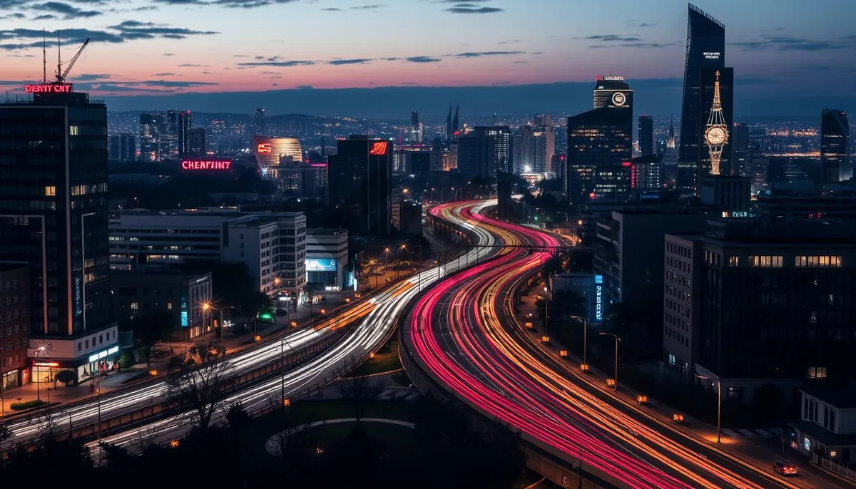 Picture of Modern city skyline with bridge, river, and traffic.