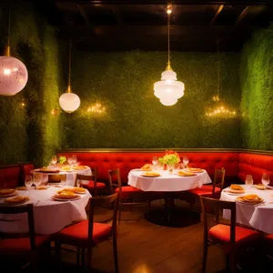 Modern luxury dining room interior design with chandelier.