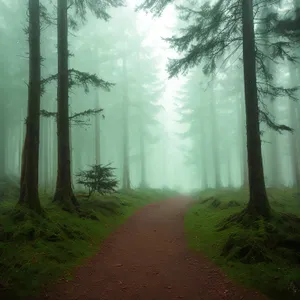 Misty Morning Woods: Serene Autumn Landscape with Sunlight Filtering through Foliage