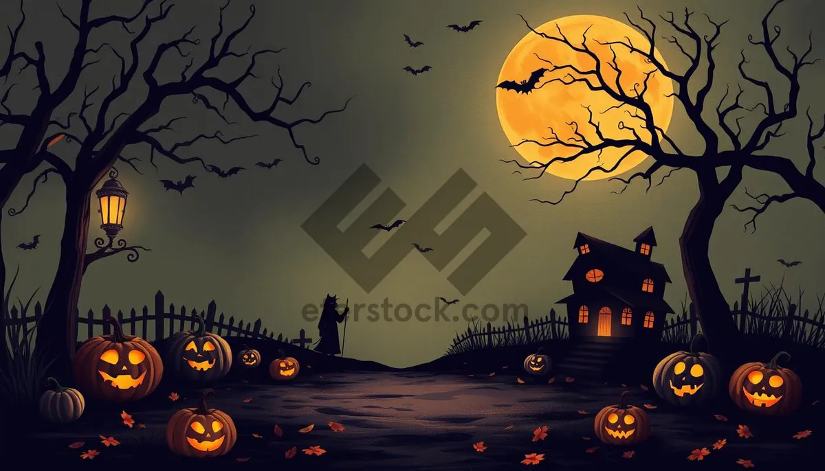 Picture of Spooky Halloween Silhouette in Moonlit Cemetery Night