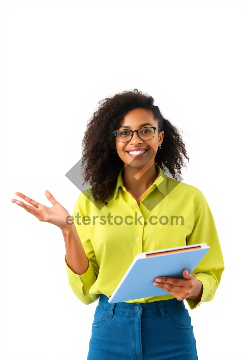 Picture of Happy brunette businesswoman working on laptop in office