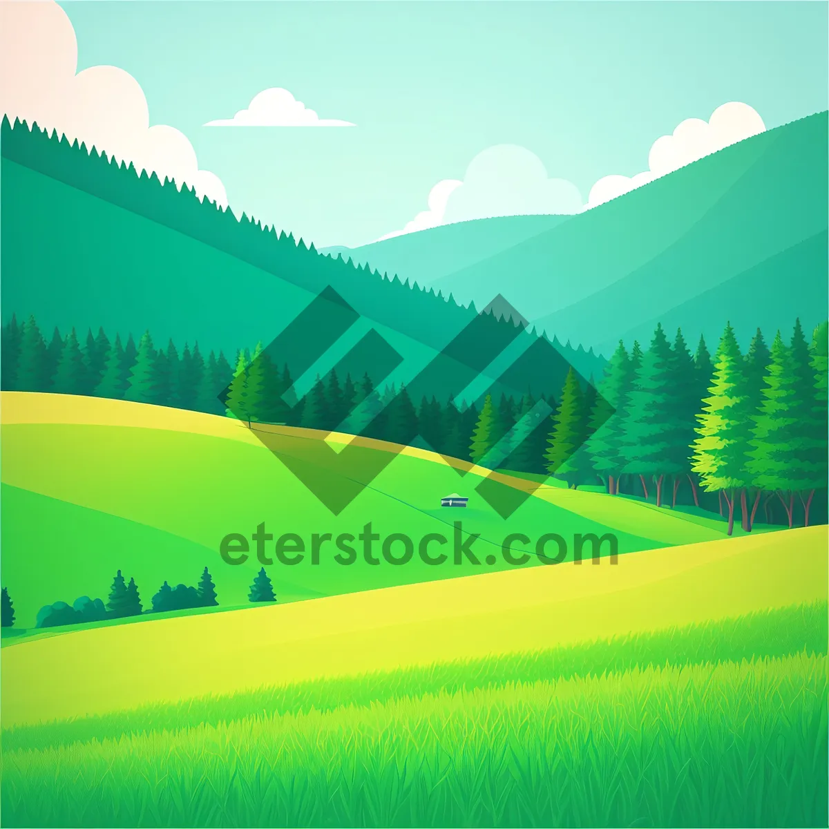 Picture of Sunny Rural Landscape on Green Meadow