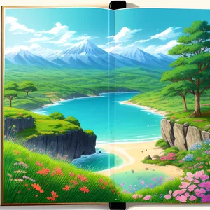 Serene lakeside landscape with electronic device