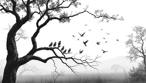 Silhouette of oak tree branches against winter sky.
