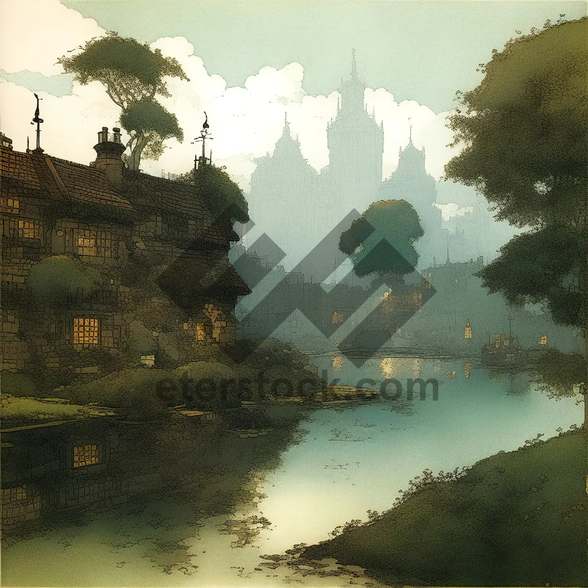 Picture of Scenic island with castle in the sun.