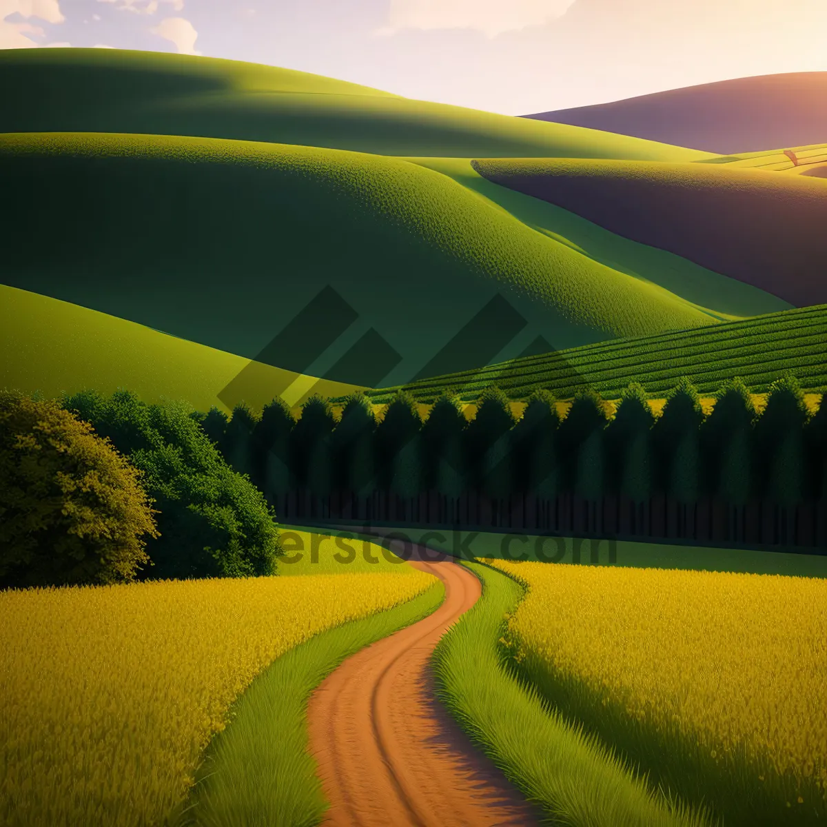 Picture of Rural Road Sunset Over Scenic Meadow