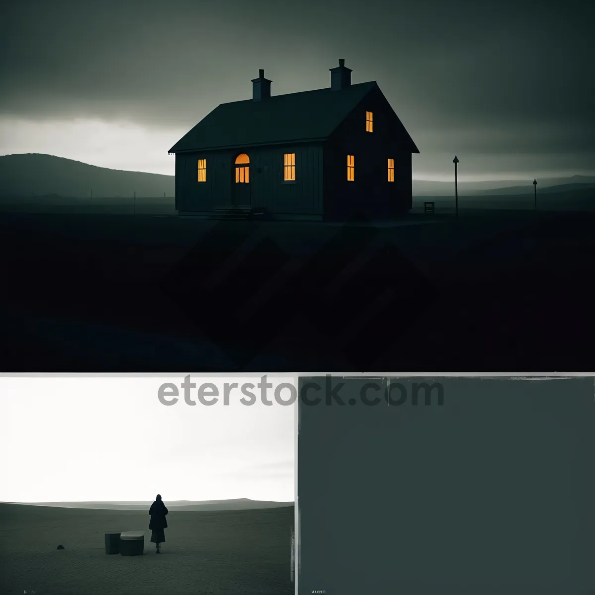 Picture of Rural Farmhouse Silhouette against a Vibrant Sunset