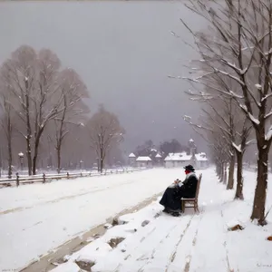 Winter Wonderland: Snowy Park Landscape with Tree