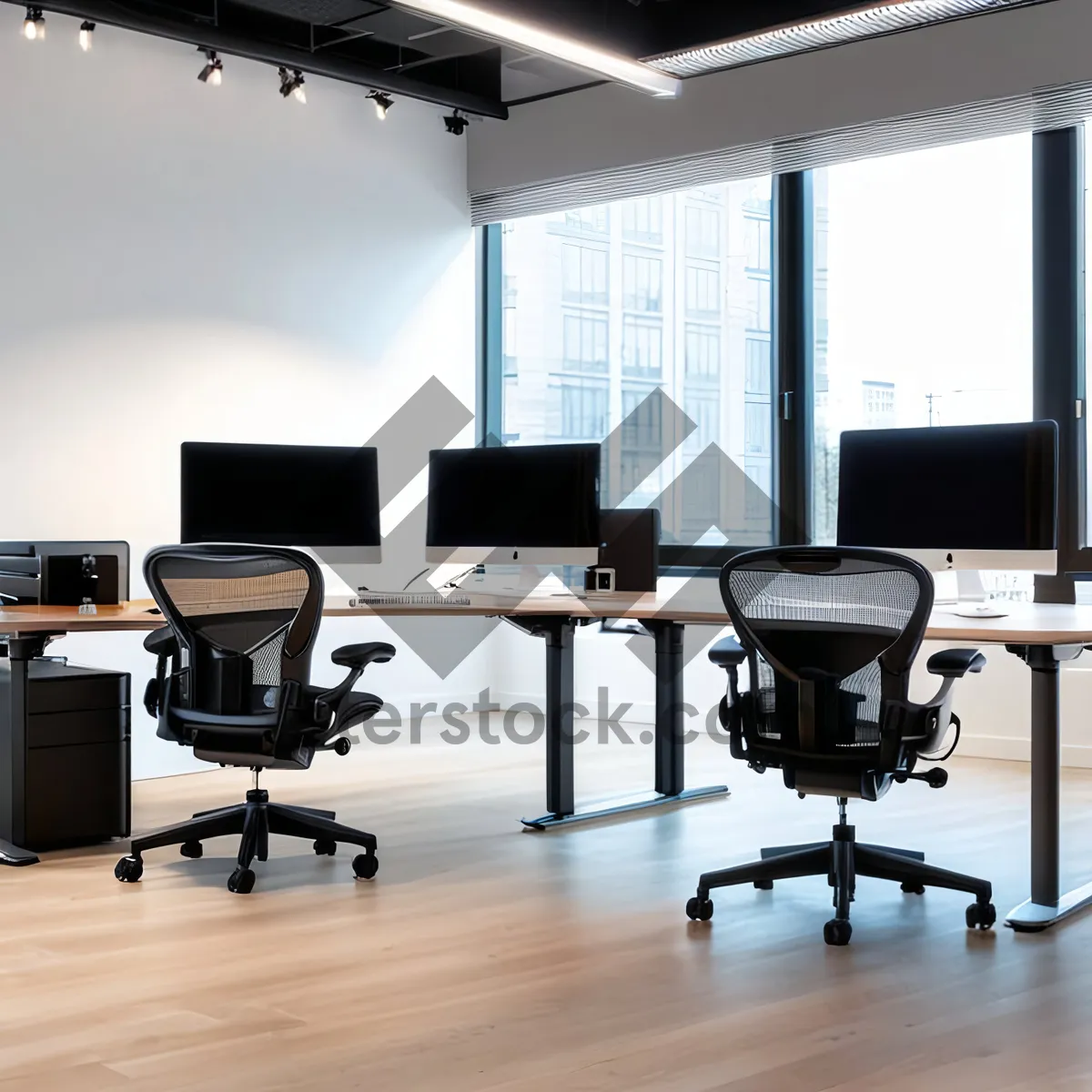 Picture of Modern luxury office interior with wooden furniture and lamp