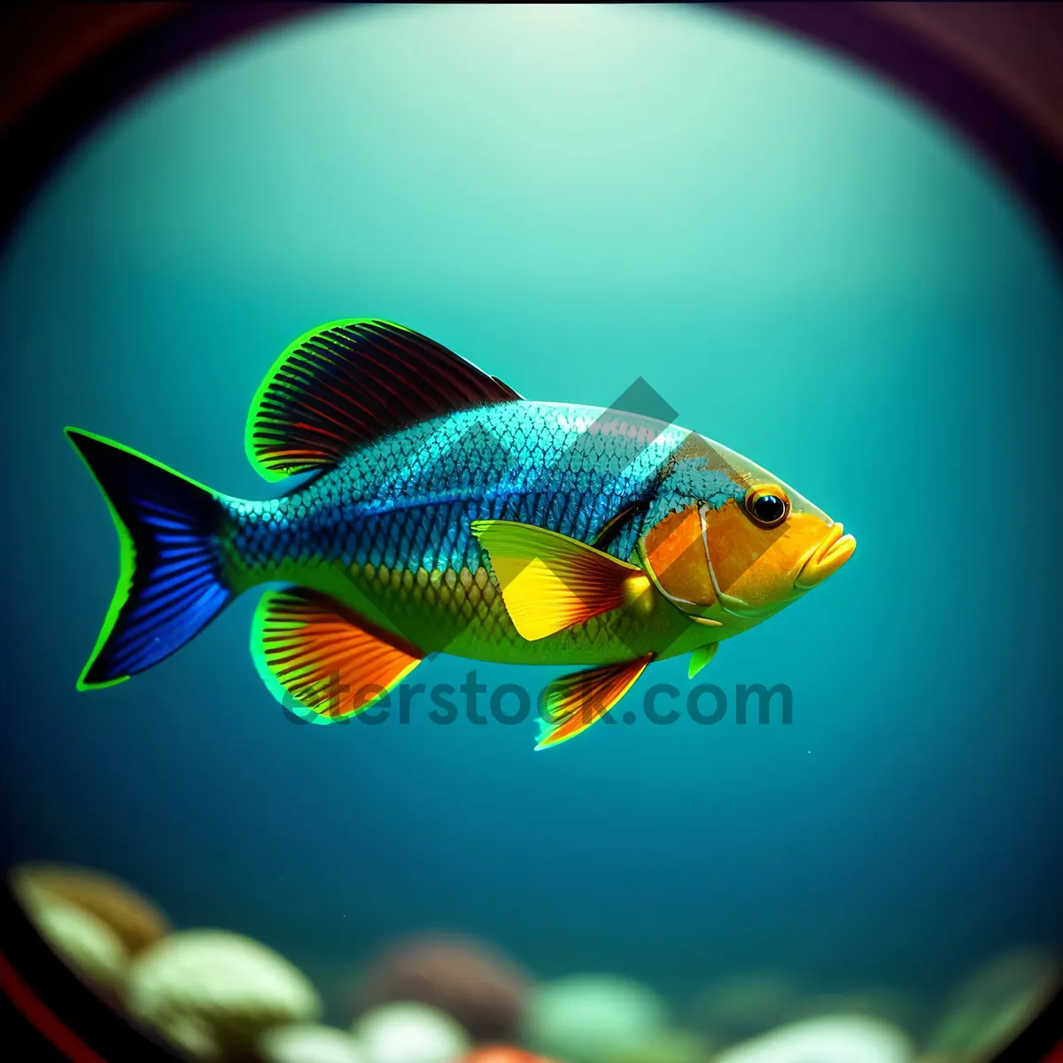 Picture of Colorful goldfish swimming in aquarium bowl.