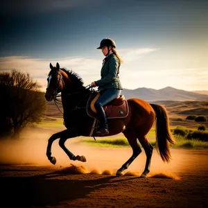 Golden Horizon: Rider and Stallion Embrace the Sunset