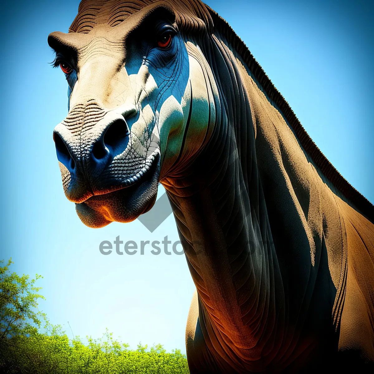 Picture of Majestic Brown Thoroughbred Stallion Glazing in Field.