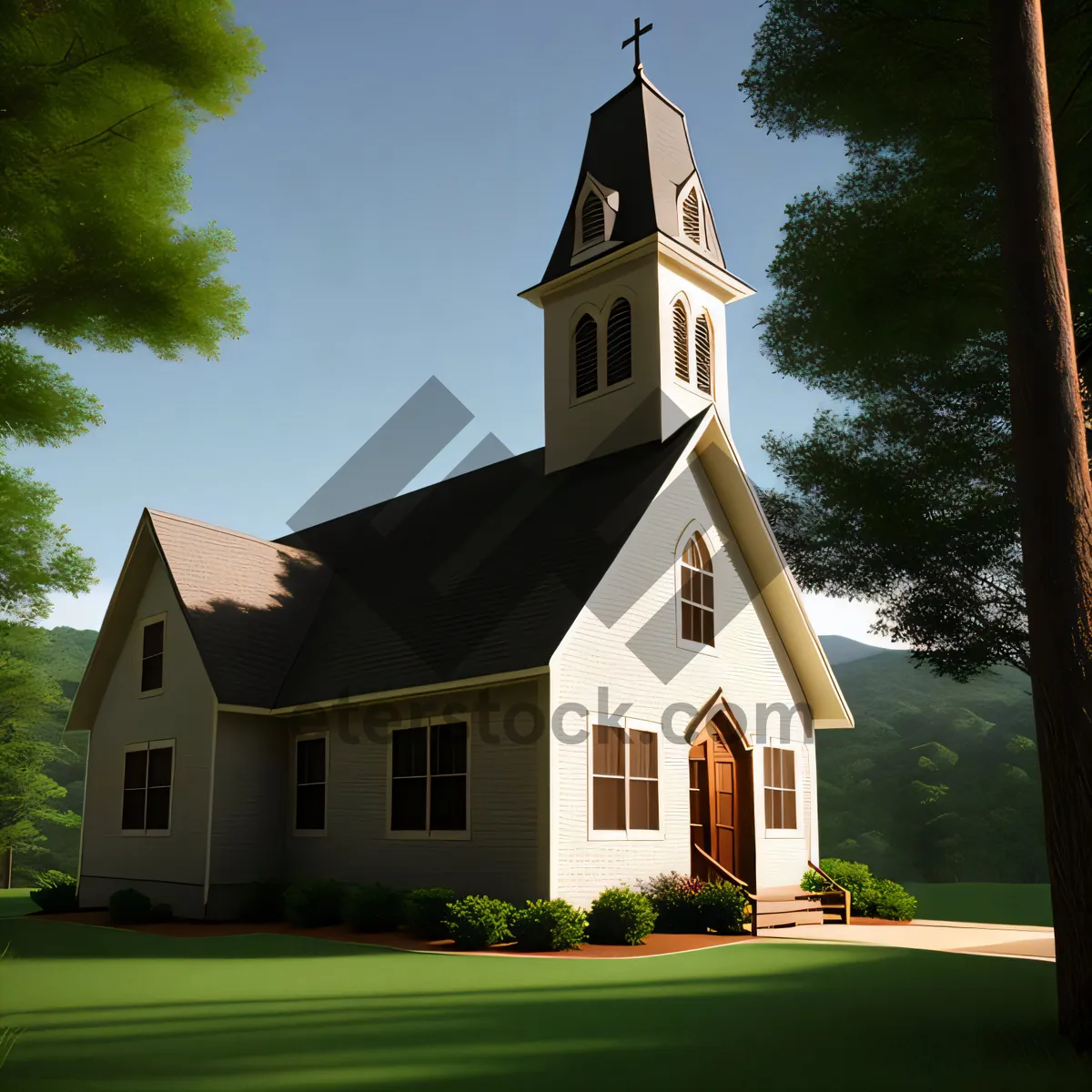 Picture of Old Stone Church Bell Tower with Cross