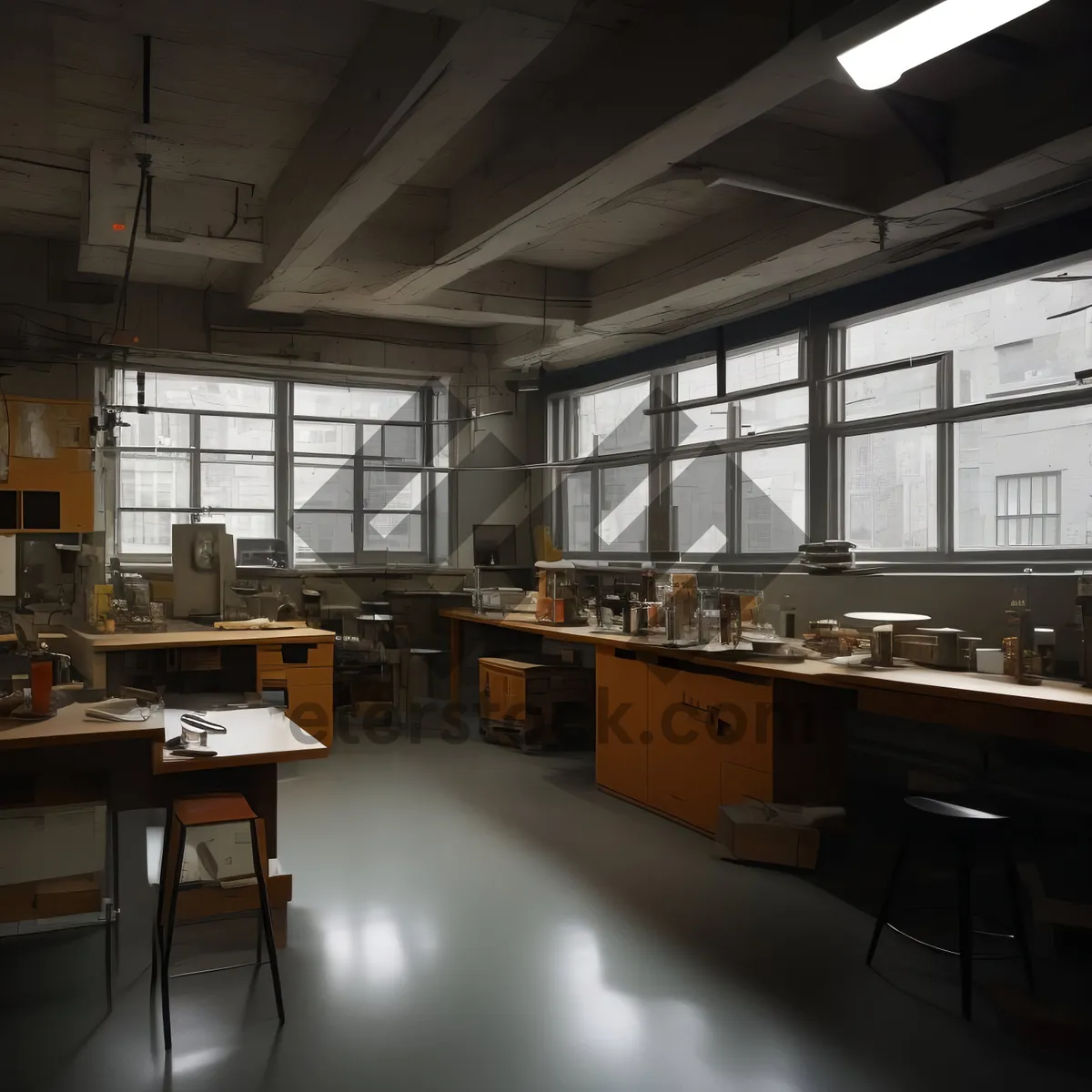 Picture of Modern restaurant interior with wooden furniture and lighting