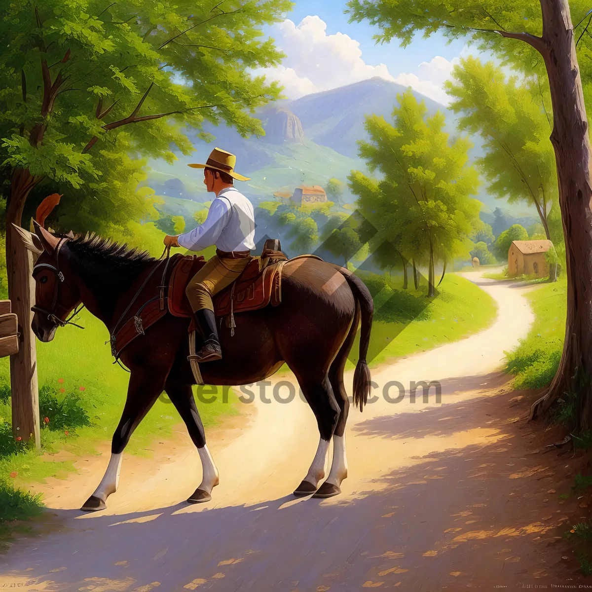 Picture of Equestrian Cowboy Riding Horse with Bridle and Saddle