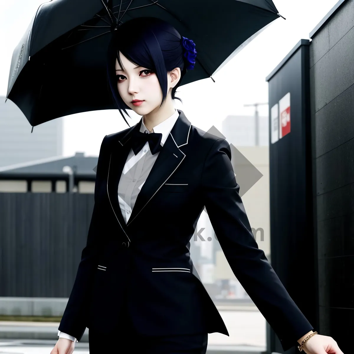 Picture of Attractive businesswoman with umbrella in black suit smiling.