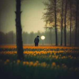 Golden Glow over Rural Meadow: Serene Sunset Landscape