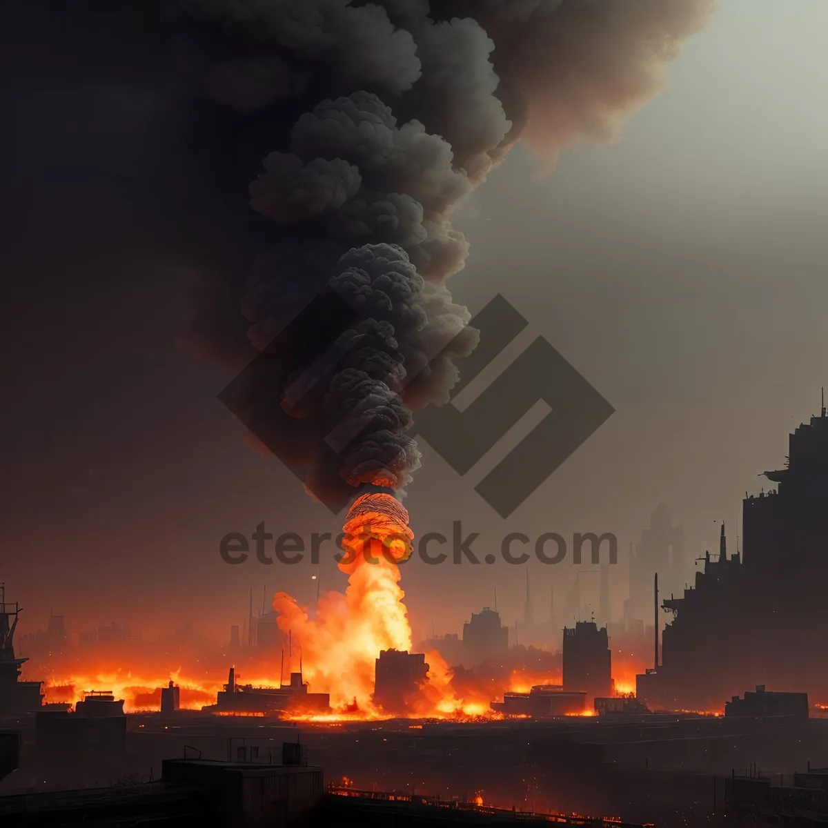 Picture of Fiery Sunset Sky with Billowing Smoke - A Powerful, Hot, and Polluted Landscape