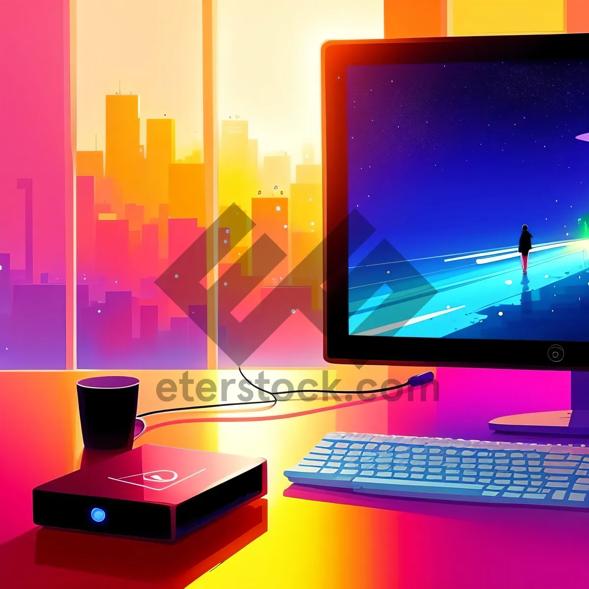 Picture of Modern desktop computer with flat screen monitor on office desk