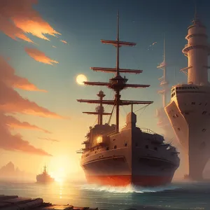 Sailing into the Sunset: Majestic Pirate Ship at Sea