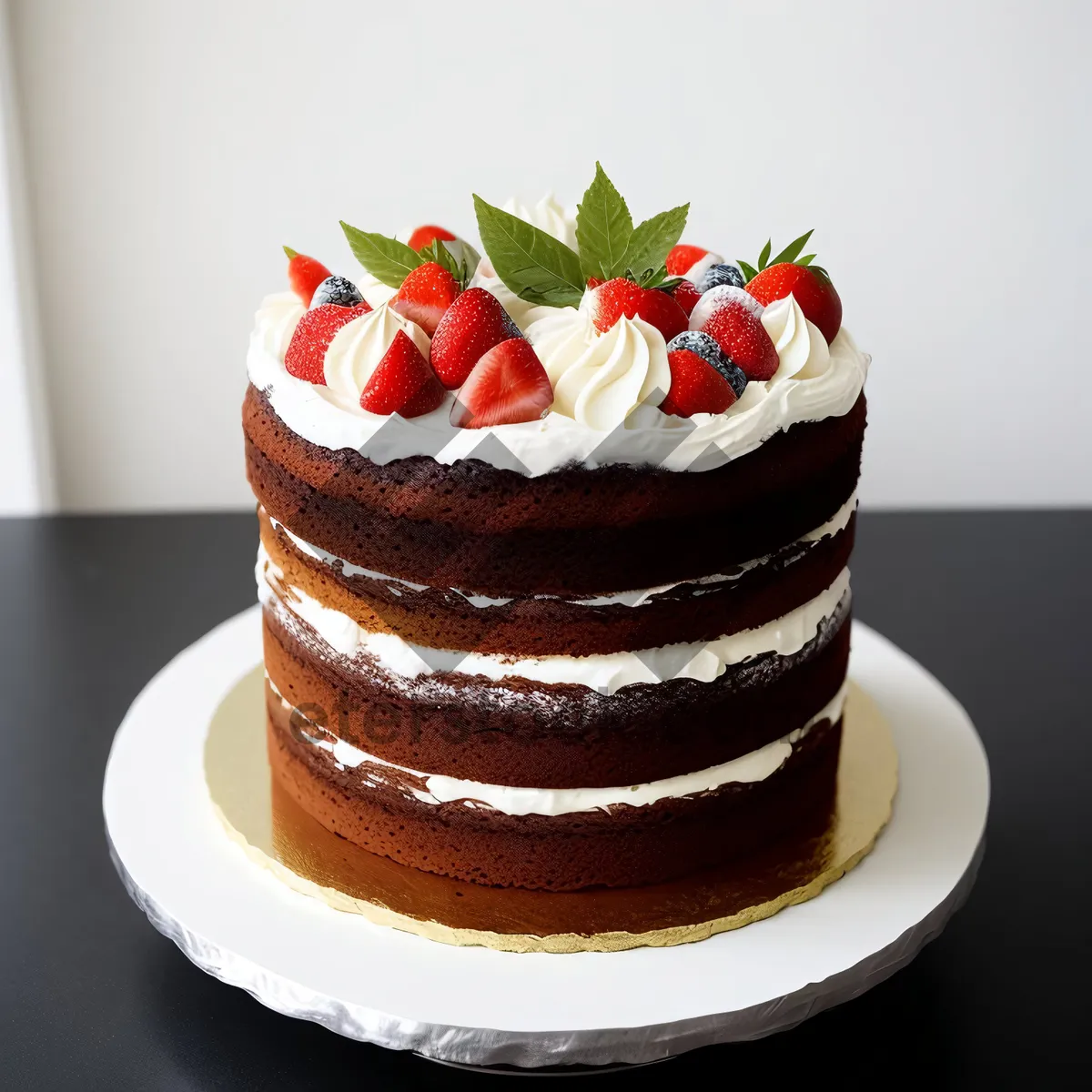 Picture of Fresh strawberry and chocolate cream pastry dessert plate