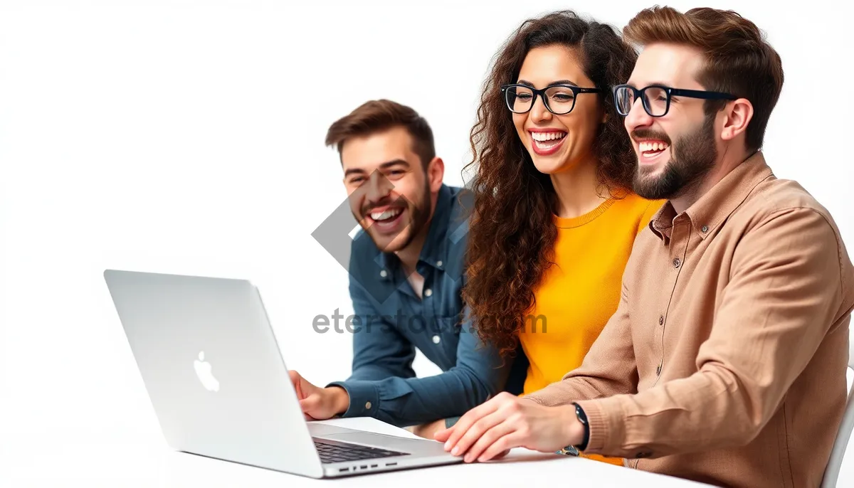 Picture of Happy successful businesswoman sitting at office desk with laptop