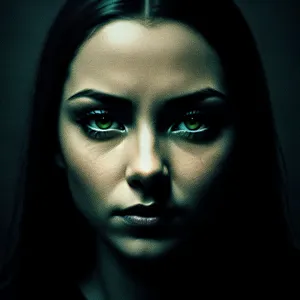 Dark-haired beauty with alluring gaze and stylish look.
