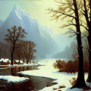 Winter Wonderland: Majestic Birch Trees Along a Frozen River