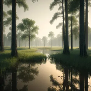 Serene Waterscape amidst Lush Forest and Willow Trees