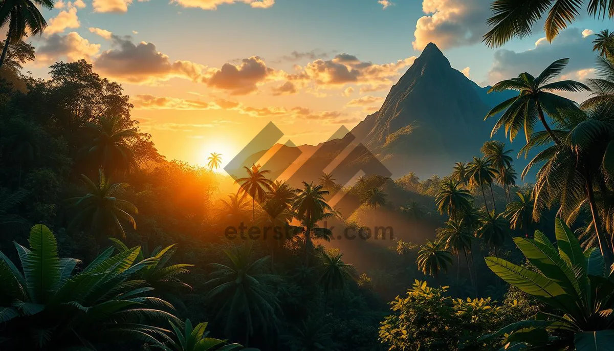 Picture of Silhouette sunset over mountain landscape in rural park.