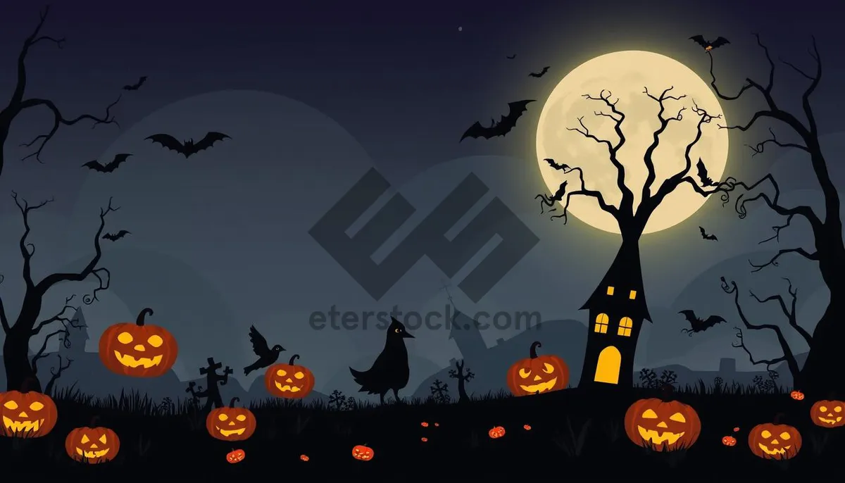 Picture of Spooky Halloween Night Silhouette Cemetery Moon Bat