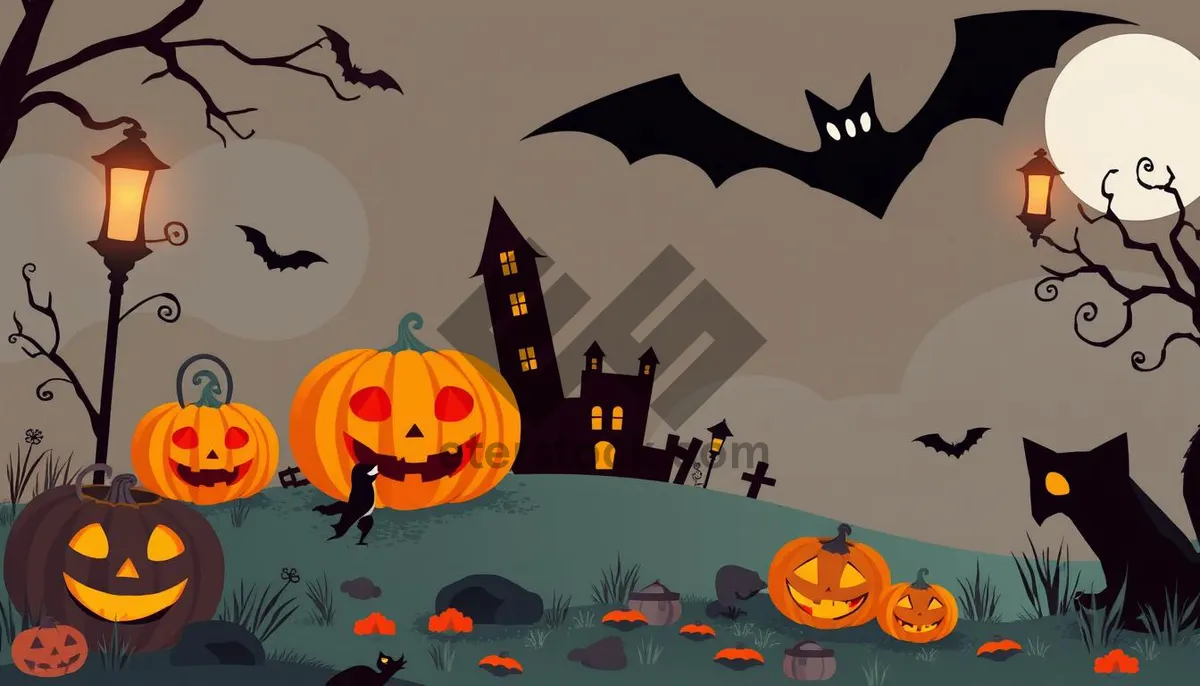Picture of Spooky Halloween Night with Moon and Bat Silhouettes
