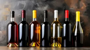 Wine bottles lined up at a restaurant bar.