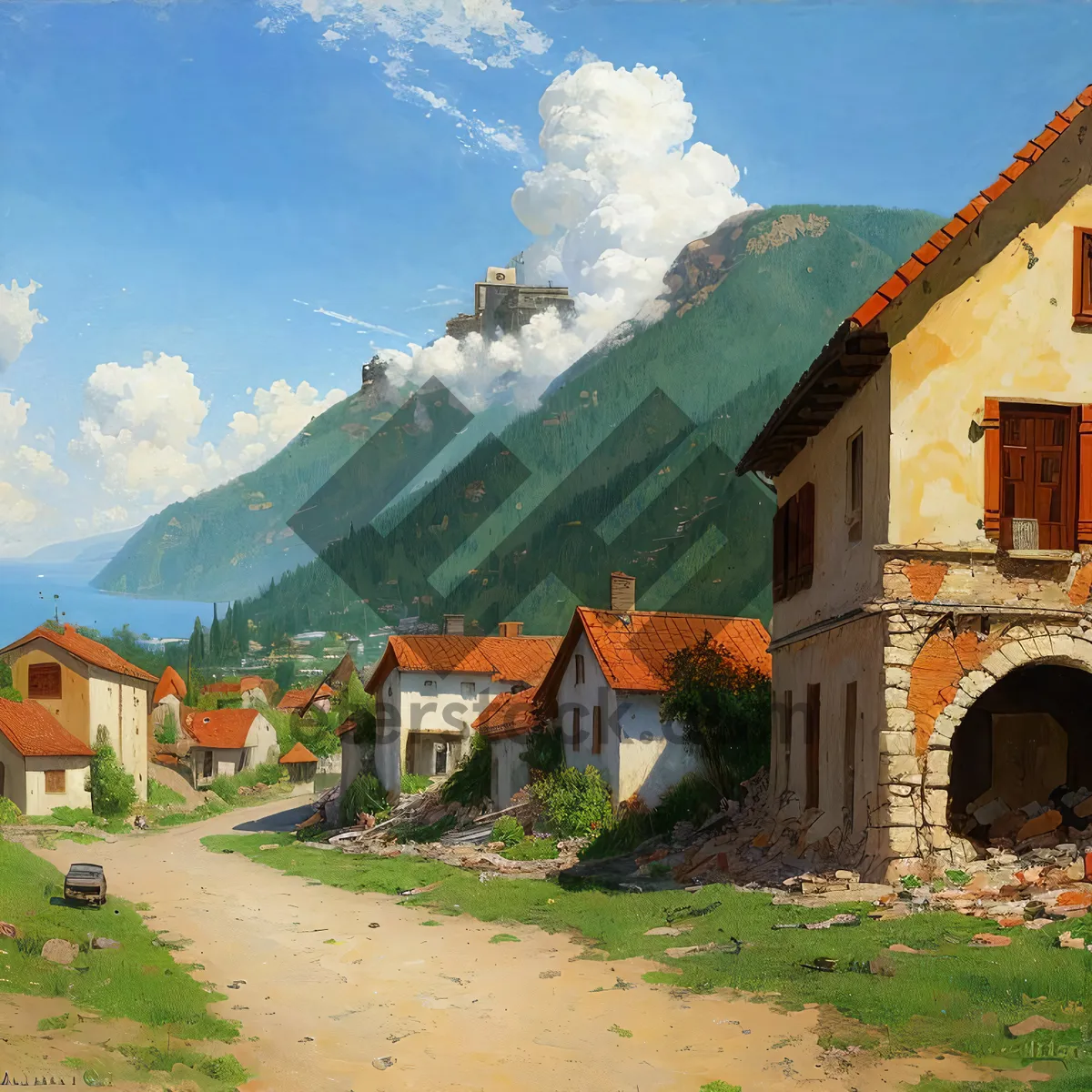 Picture of Rustic Village Retreat: Serene Mountain Landscape with Old Monastery