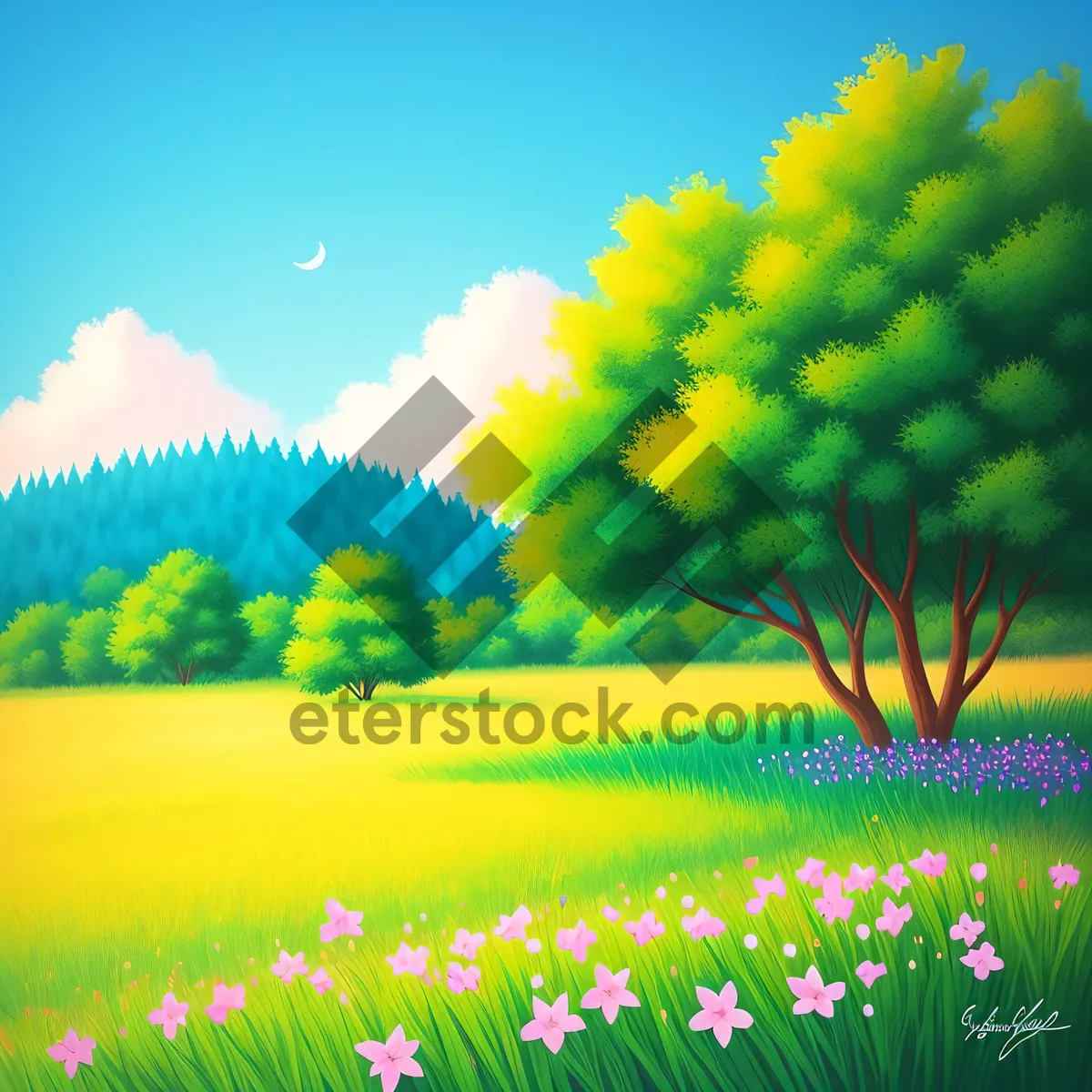 Picture of Idyllic Meadow with Vibrant Dandelions in Sunny Countryside