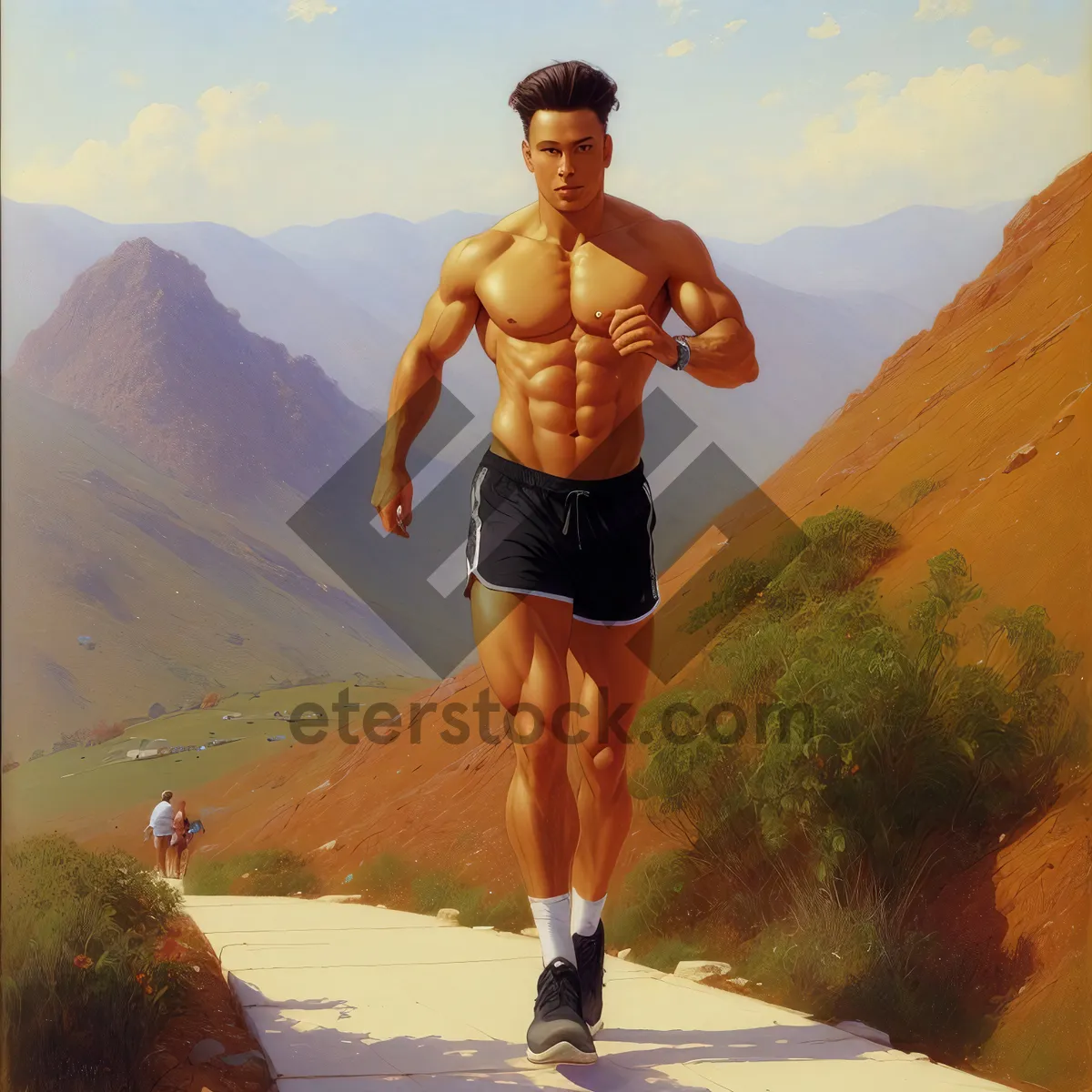 Picture of Happy athlete in swimsuit running on beach