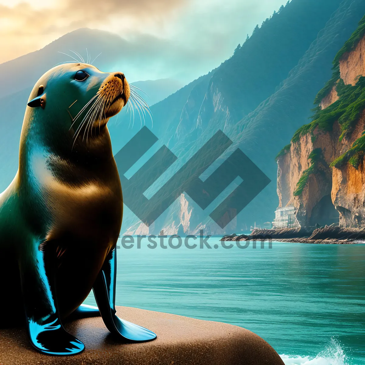 Picture of Playful Sea Lion Basking on Coastal Beach