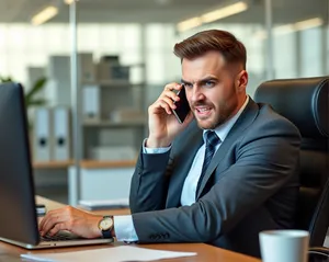 Happy Businessman Working on Laptop in Modern Office