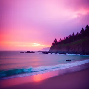 Sunset Beachscape: Serene Ocean Horizon with Vibrant Sky