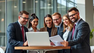 Happy professionals working together on laptop in office