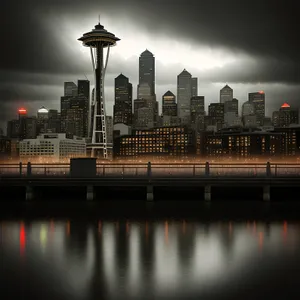 Urban Twilight Reflections: Cityscape Skyline by the Water