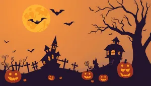 Autumn Moonlit Cemetery Silhouette with Pumpkins and Trees