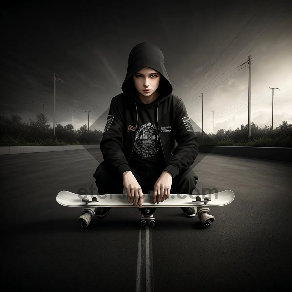 Picture of Attractive black male skateboard model posing with board.