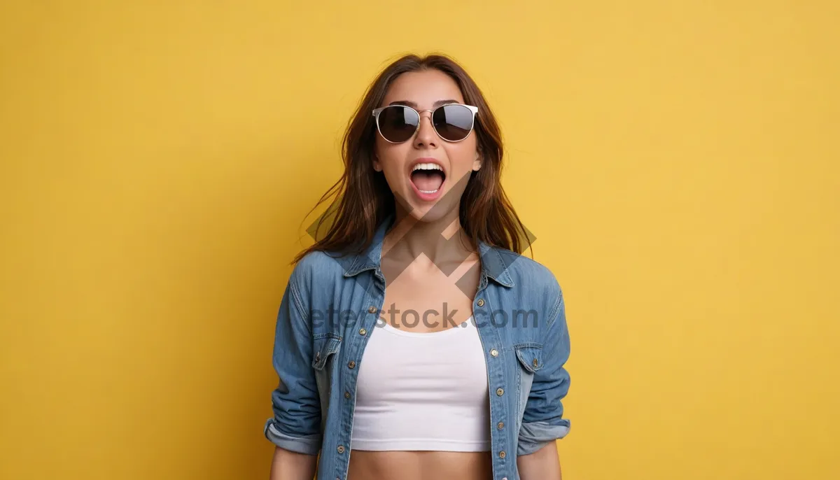 Picture of Attractive brunette woman in sunglasses smiling for portrait.