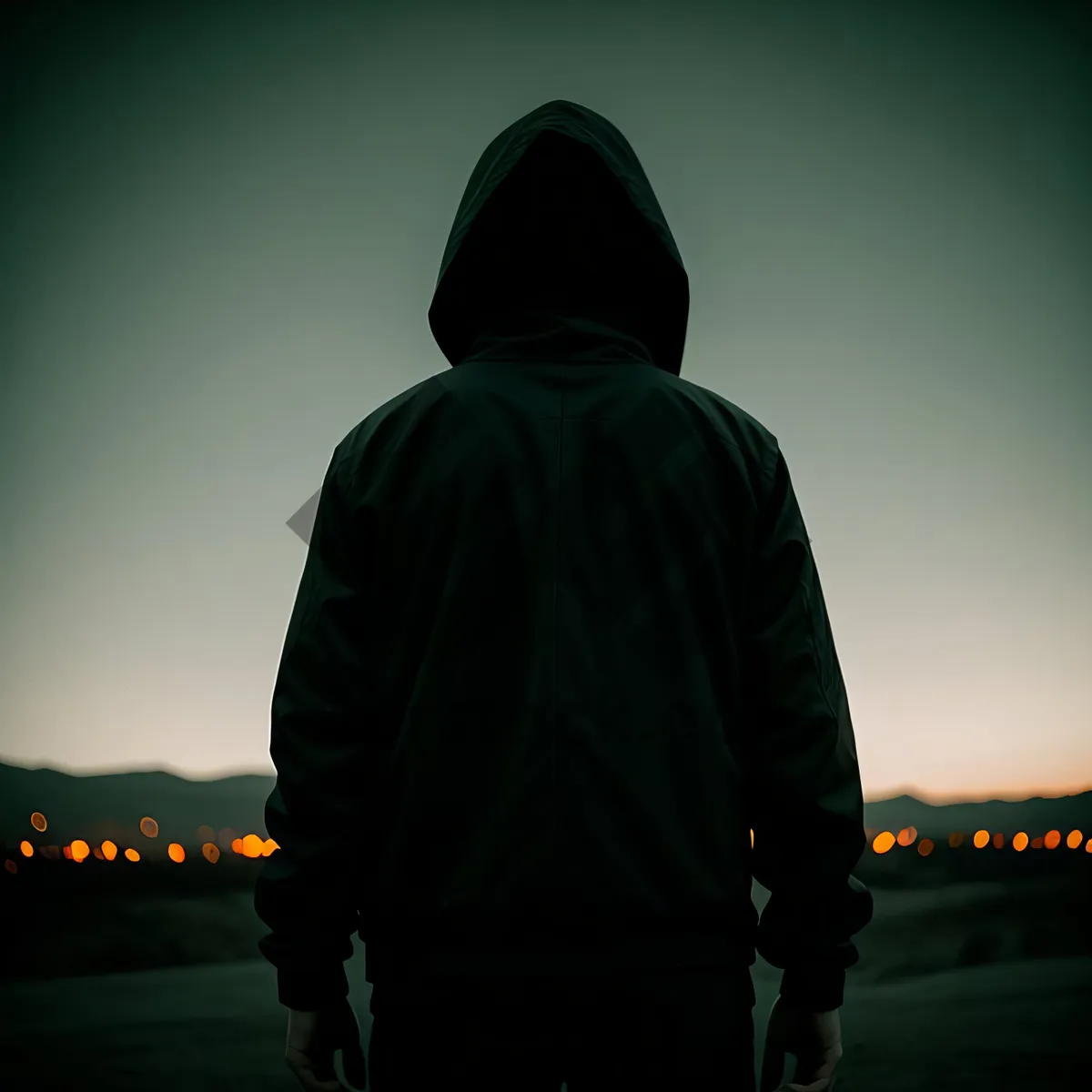 Picture of Sweatshirt-clad man silhouetted against sunset